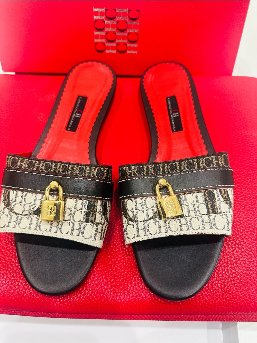 Carolina Herrera Black and Red Logo Padlock Slide Sandals